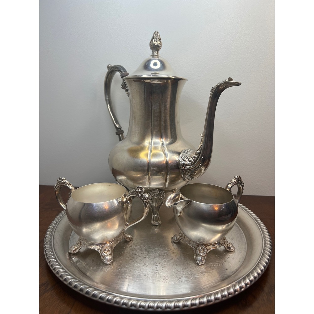 Silver Plate Tea Set Silver 4pc Teapot Creamer Sugar Tray Vintage Victorian